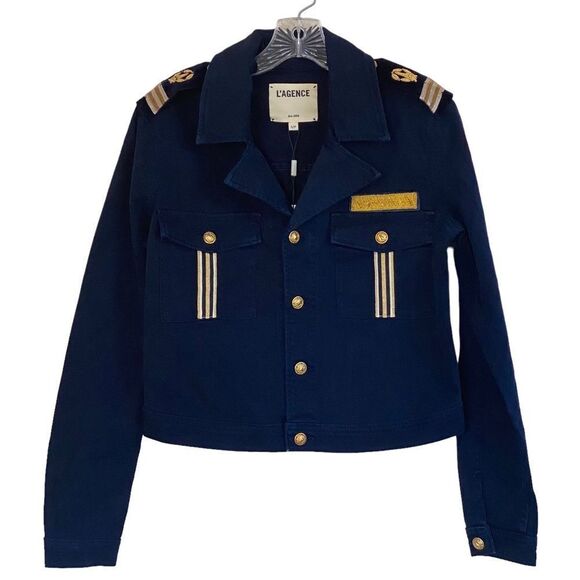 L’AGENCE Eisenhower Navy Military Crop Jacket Epaulettes Sz S NWT - Picture 1 of 12